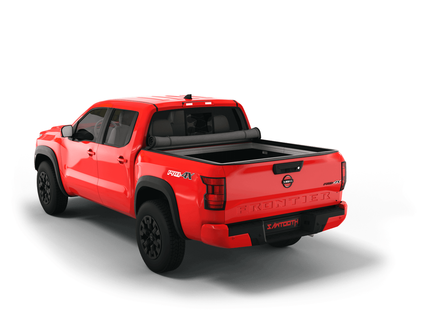 Red Nissan Frontier with Sawtooth Stretch expandable soft roll up tonneau cover with ladder and open tailgate 